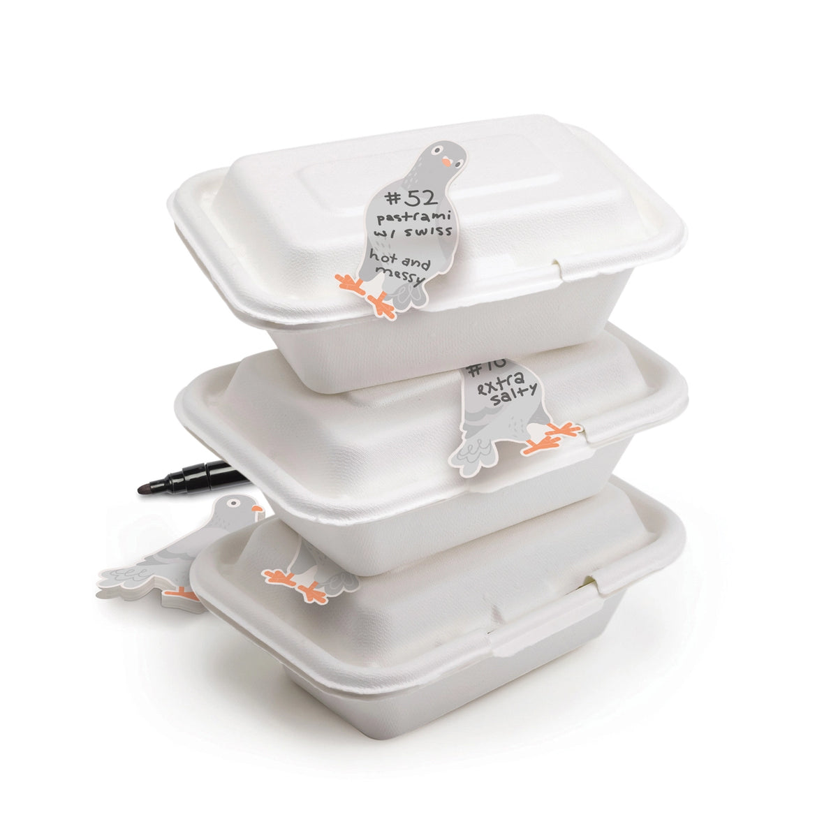 Fred & Friends Pigeon Sticky Memo Pads shown on food delivery box