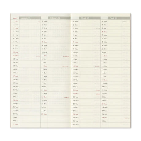 TRAVELER'S Company 2027 Diaries Weekly + Memo Layout Cover Monthly calendar Vertical Layout