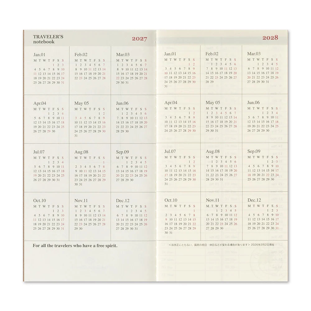 TRAVELER'S Company 2027 Diaries Weekly Vertical Inside Annual Calendar Layout