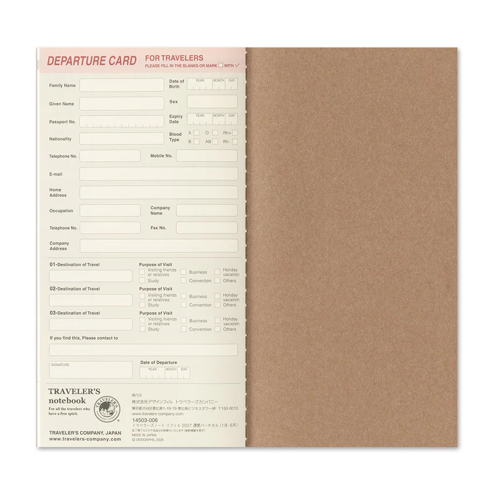 TRAVELER'S Company 2027 Diaries Weekly Vertical Inside Back Cover Layout