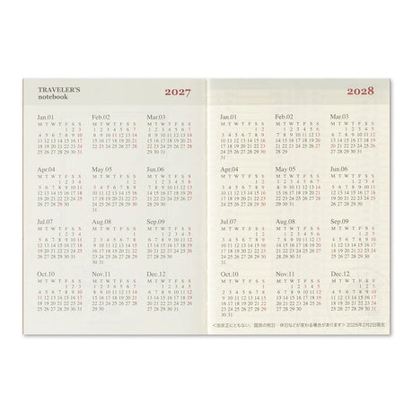 2027 TRAVELER'S Company Weekly Diary Passport Size Annual Calendar Insert
