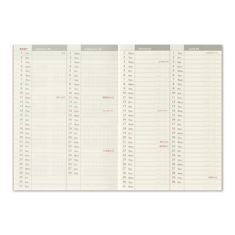 2027 TRAVELER'S Company Weekly Diary Passport Size Monthly Layout Inside