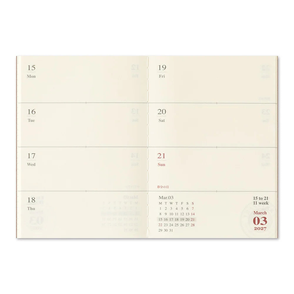 2027 TRAVELER'S Company Weekly Diary Passport Size Internal Weekly Layout