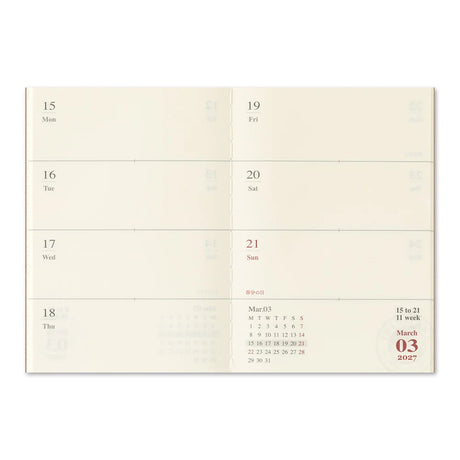 2027 TRAVELER'S Company Weekly Diary Passport Size Internal Weekly Layout
