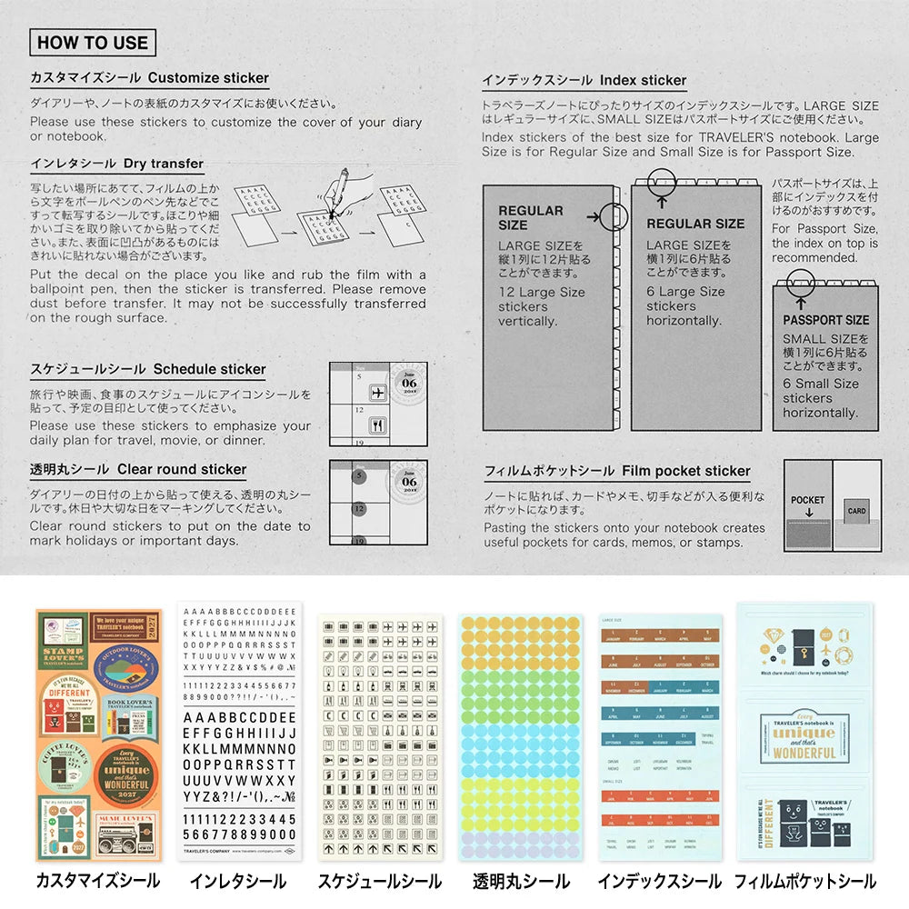 TRAVELER'S Diary 2027 Themed Sticker Sheet instructions showing how stickers can be applied