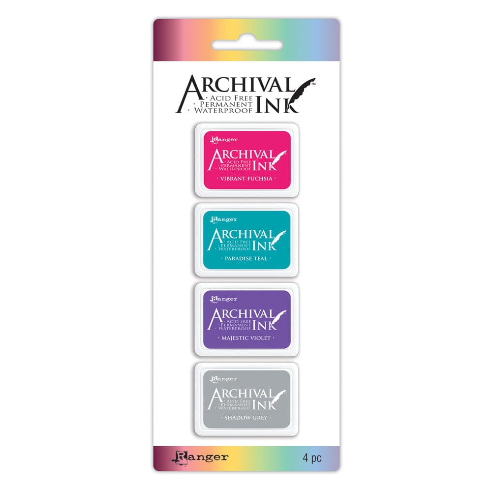 Ranger Ink Archival Mini Stamp Pads with Vibrant Fuschia, Paradise Teal, Majestic Violet and Shadow Grey inks shown in Packaging