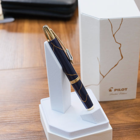 Pilot Limited Edition Golden Journey Fountain Pen featuring Dark Blue Lacquer with Kintsugi detailing shown in limited edition Pilot Box