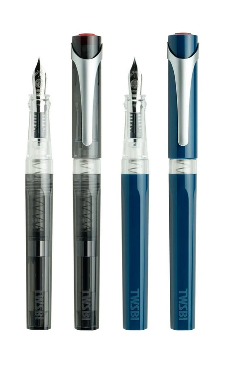 Set of two TWSBI Swipe fountain pens with different designs on a white background
