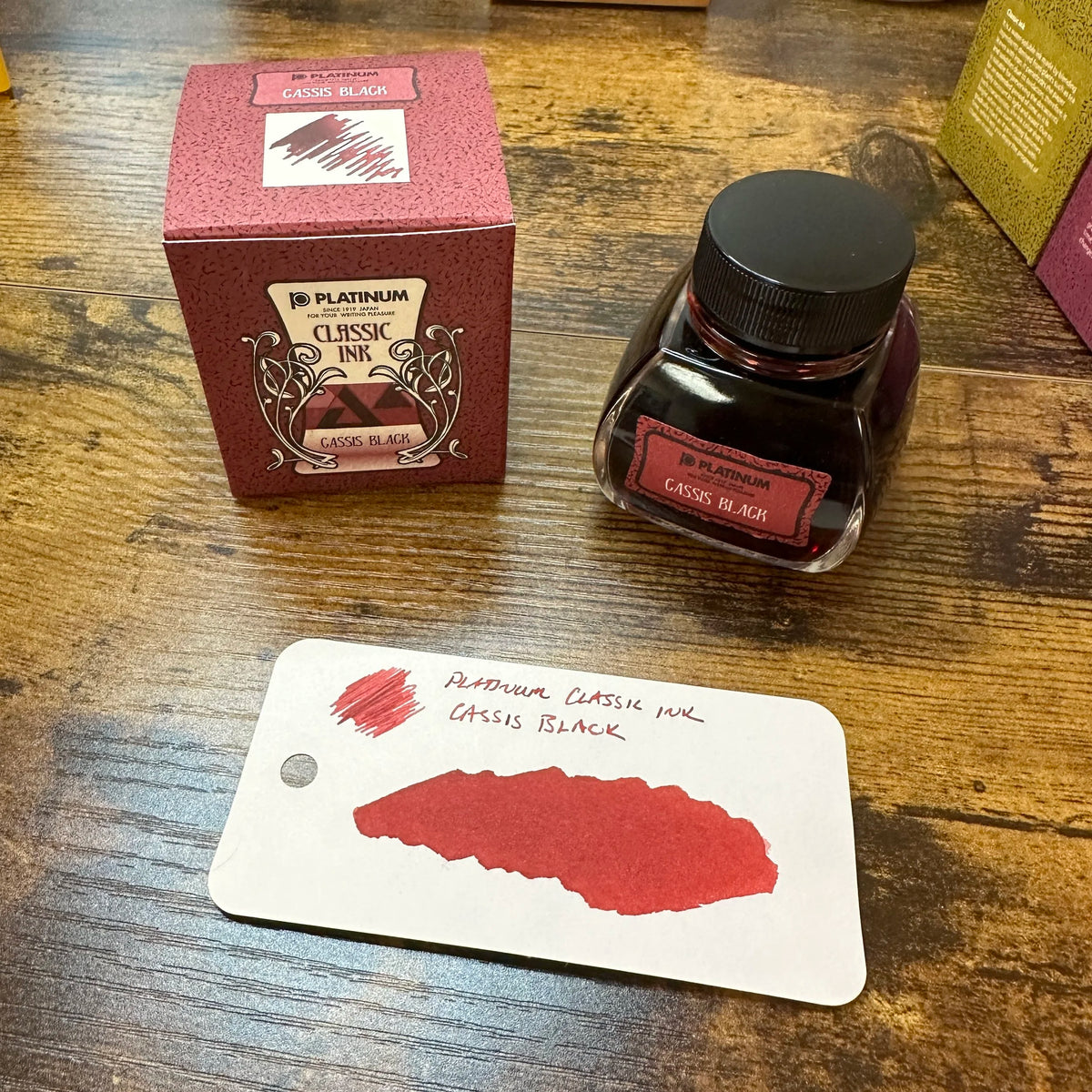 Platinum Classic Iron Gall Inks Cassis Black Swatch with Bottle Label