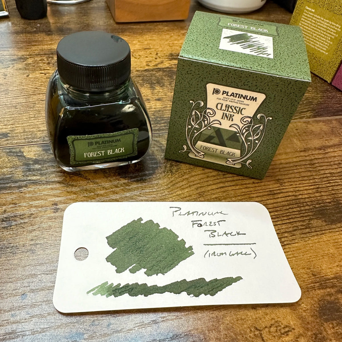 Platinum Classic Iron Gall Inks Forest Black Swatch with Bottle Label