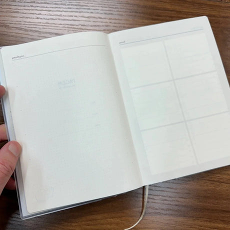 Interior page spread of the NOLTY PageM Free Log notebook with page labeled Prologue on left and a grid of six blocks labeled Event on the right page.