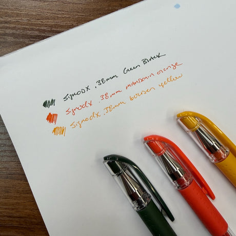 Signo DX .38mm Writing Samples Green-Black; Golden Yellow, and Mandarin Orange