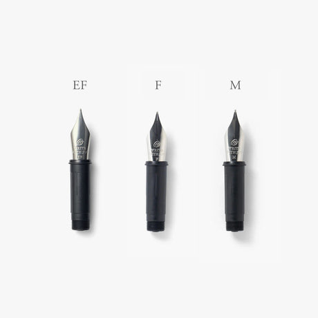 Kakimori Replacement Nib Units for the Frost Fountain Pens arrayed in nib sizes EF-M