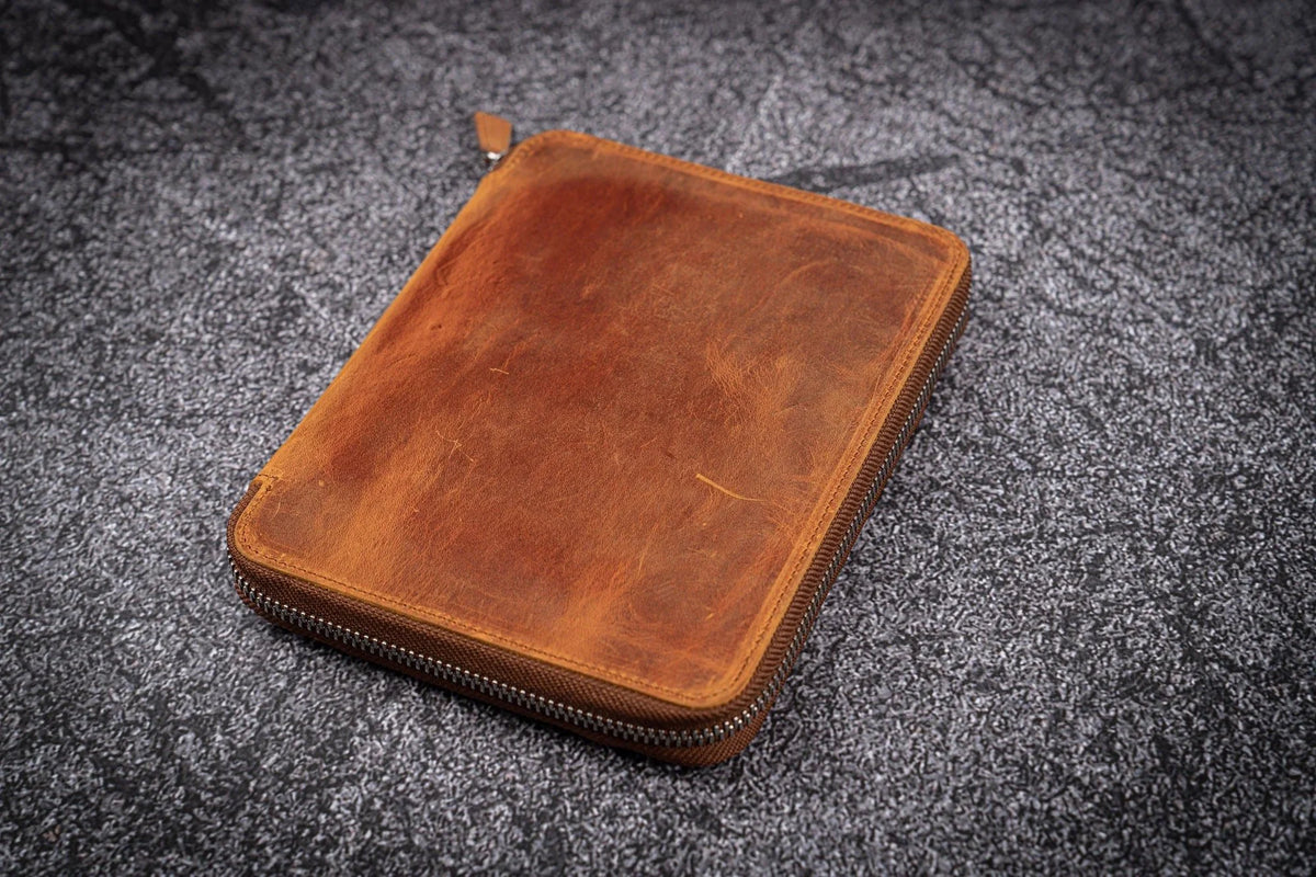 Galen Leather 10 Pen Case with A5 Notebook Crazy Horse Brown Closed on Table