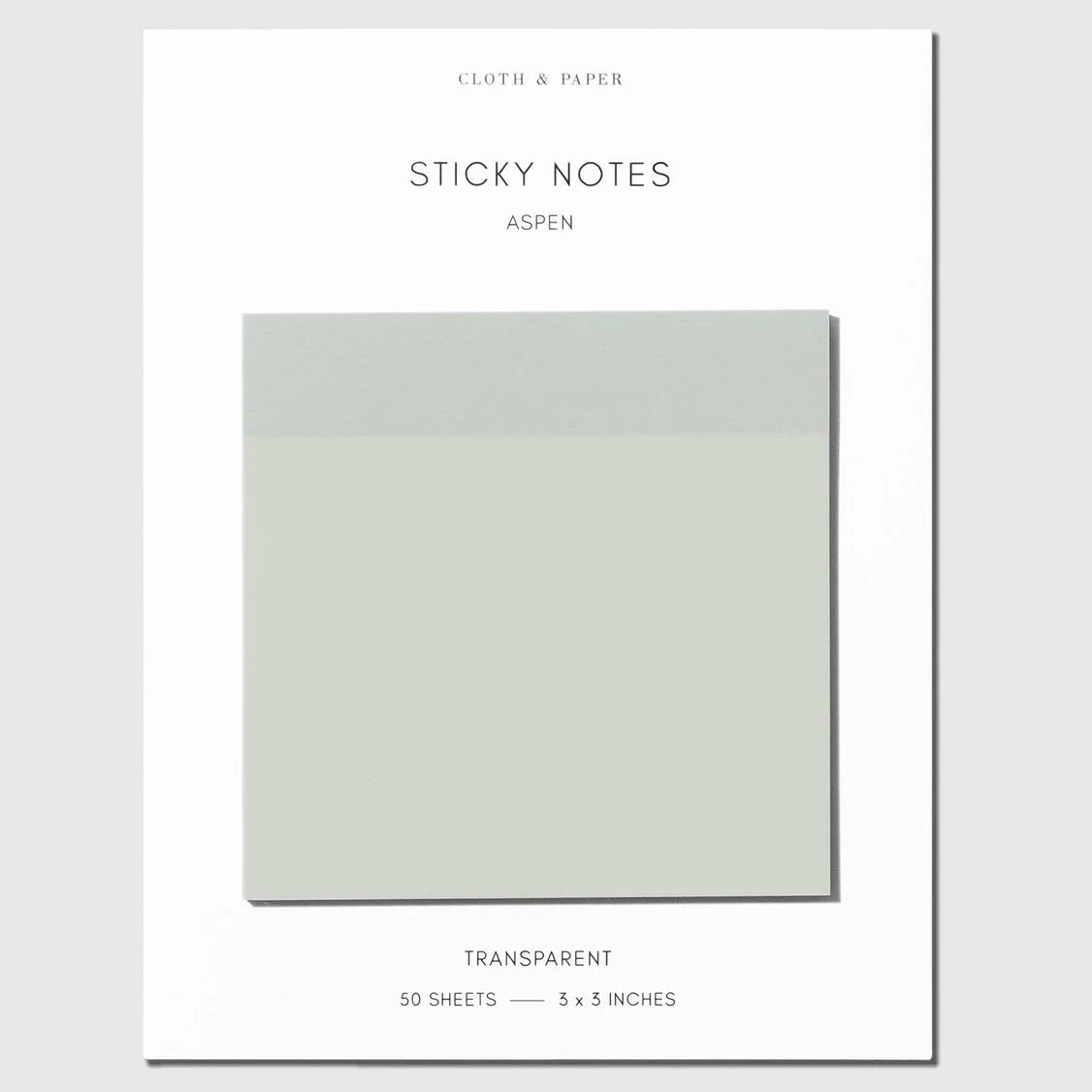 A pack of Cloth & Paper transparent sticky notes in the color Aspen.
