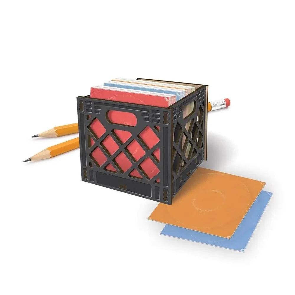 Fred & Friends For the Record Record Crate Desk Caddie Stock photo showing pencils and notecards
