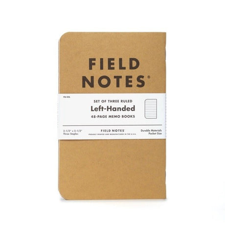 A set of three Field Notes 48 page pocket notebooks with kraft paper covers, Left-Handed ruling.
