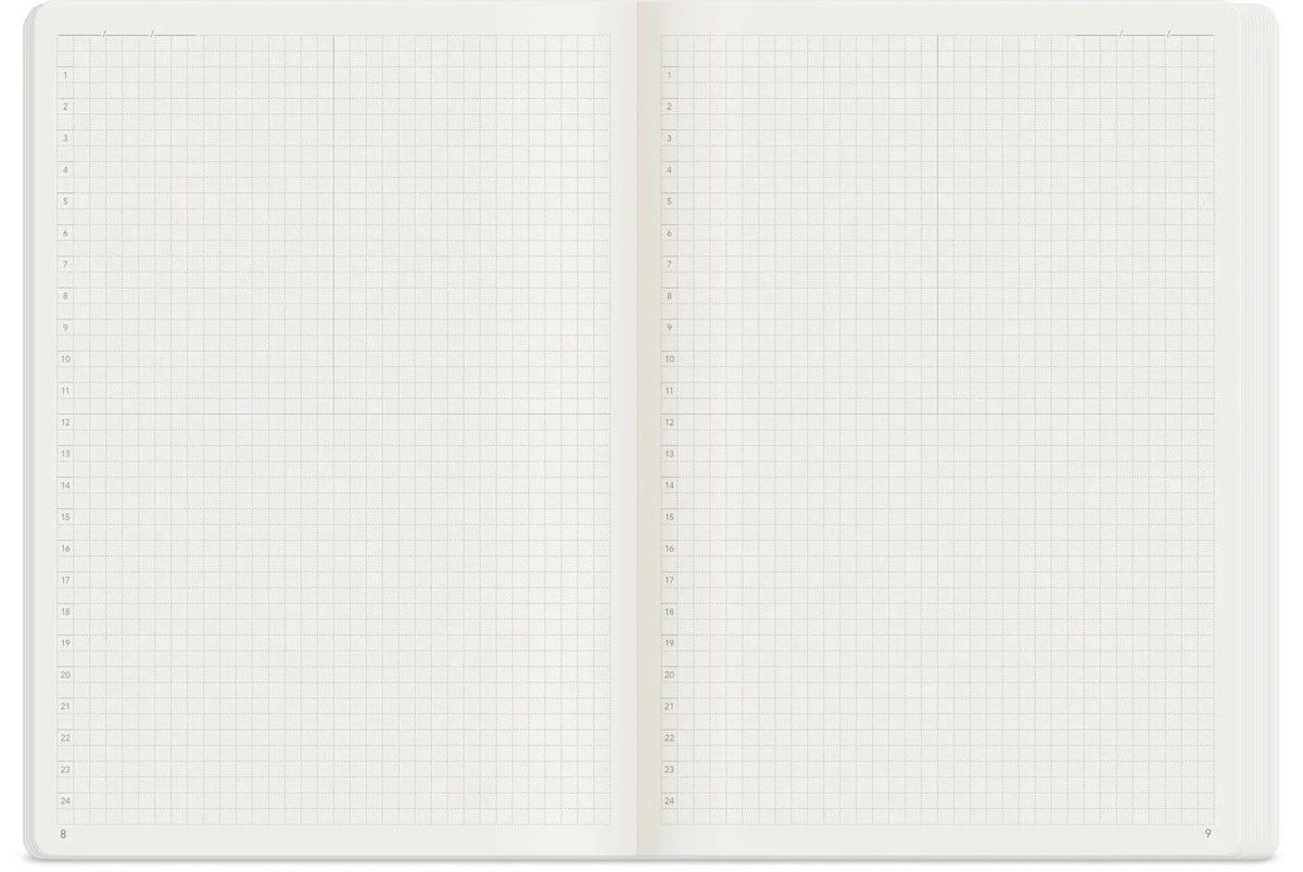 Interior of Wonderland222 B6 Notebook with grid layout, numbers from 1 to 24 on every other row down left of page, and page numbers.