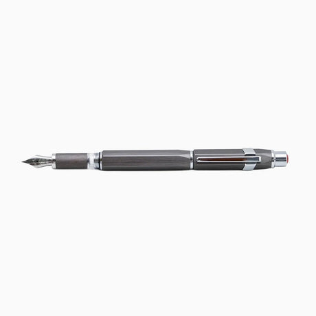 Gunmetal Gray TWSBI Precision Fountain pen Posted with multiple attachments on a white background