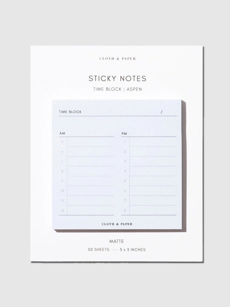 A pack of Cloth & Paper Aspen Time Block sticky notes on a light gray background.