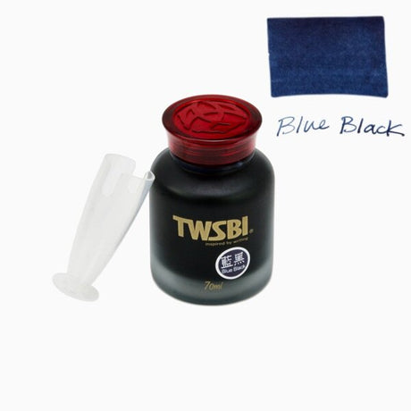 TWSBI Blue-Black ink bottle with red cap and blue black ink swatch on a white background