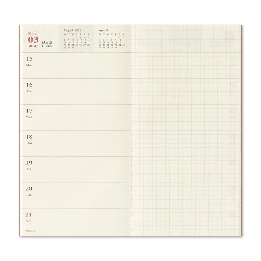TRAVELER'S Company 2027 Diaries Weekly + Memo Layout Inside Weekly Page