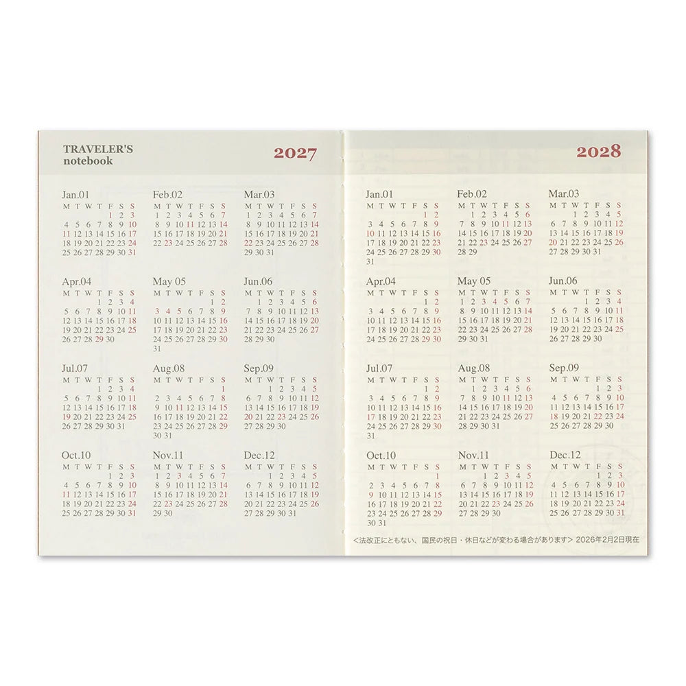 2027 TRAVELER'S Company Weekly Diary Passport Size Annual Calendar Insert