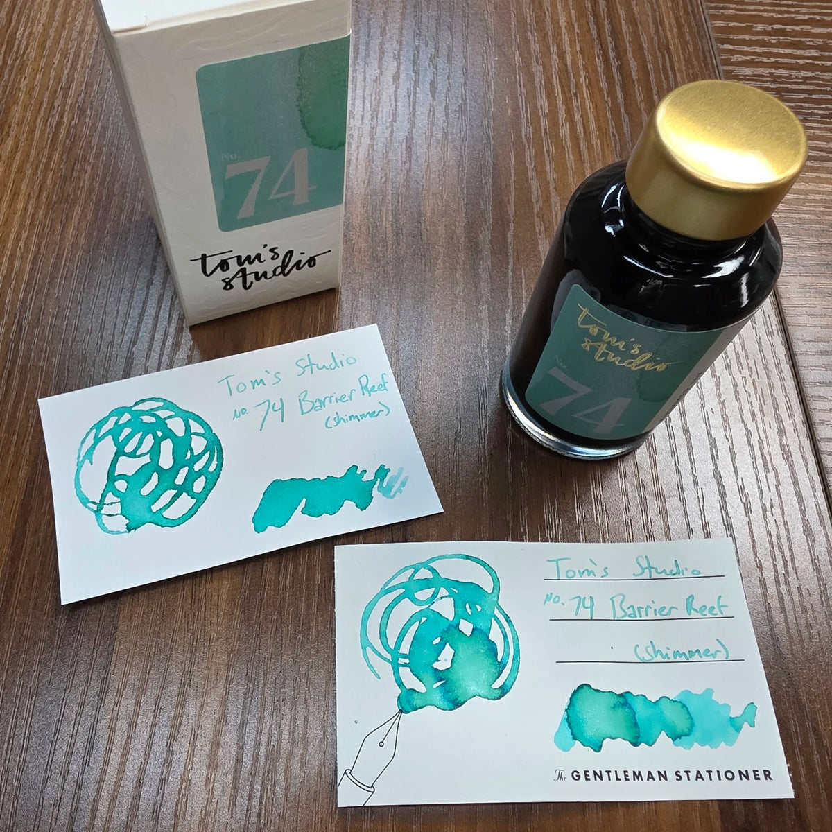 Tom's Studio Bottled Shimmer Ink No. 74 Barrier Reef Swatch and Bottle