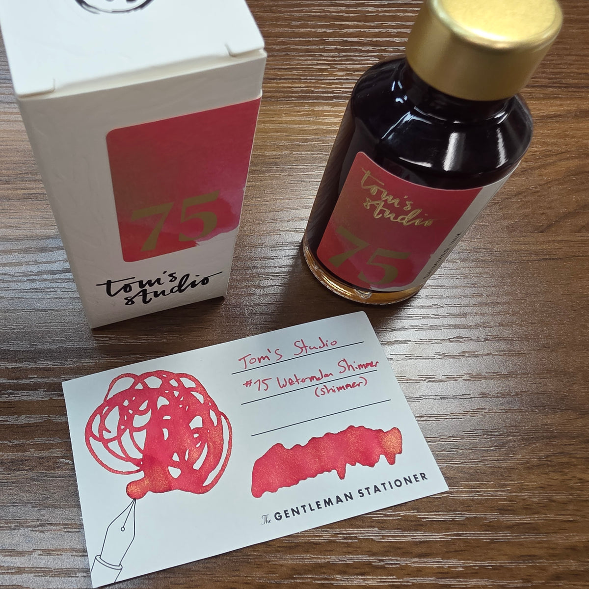 Tom's Studio Bottled Shimmer Ink No. 75 Watermelon Shimmer Swatch and Bottle