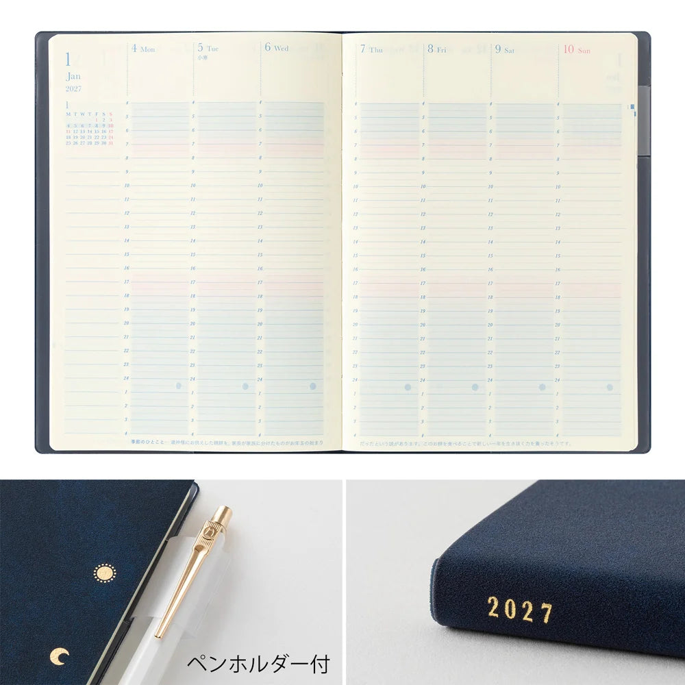 Midori B6 Gradation Day Length Planner open to weekly planner layout and also showing 2027 