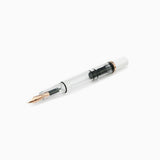 TWSBI White and Rose Gold Fountain pen uncapped sitting diagonally on a white background 