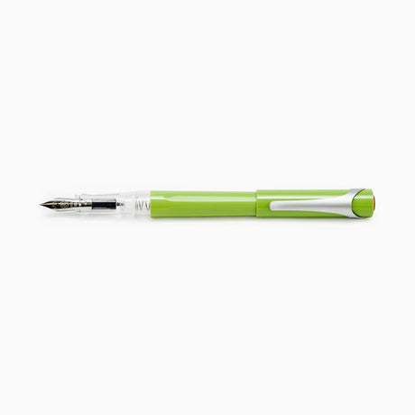 Pear TWSBI Swipe green fountain pen posted with a silver clip and a clear cap, shown horizontally against a plain white background.