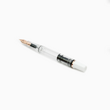 TWSBI White and Rose Gold Fountain pen uncapped on white background