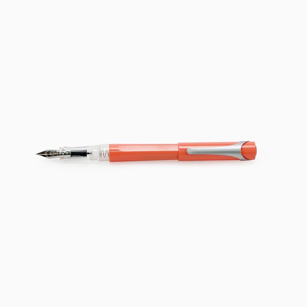 Orange TWSBI Swipe fountain pen on a white background, with cap posted