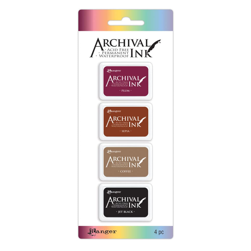 Ranger Ink Archival Mini Stamp Pads with Plum, Sepia, Coffee, and Jet Black Ink Showing Full Set in Packaging