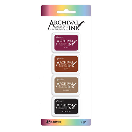 Ranger Ink Archival Mini Stamp Pads with Plum, Sepia, Coffee, and Jet Black Ink Showing Full Set in Packaging
