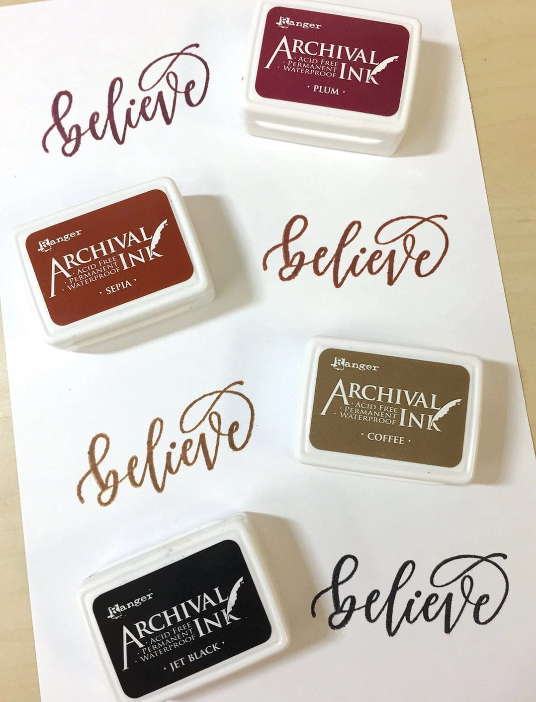 Ranger Ink Archival Mini Stamp Pads with Plum, Sepia, Coffee, and Jet Black Ink Samples