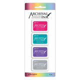 Ranger Ink Archival Mini Stamp Pads with Vibrant Fuschia, Paradise Teal, Majestic Violet and Shadow Grey inks shown in Packaging