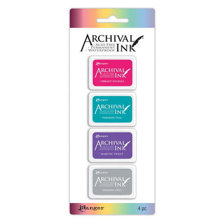 Ranger Ink Archival Mini Stamp Pads with Vibrant Fuschia, Paradise Teal, Majestic Violet and Shadow Grey inks shown in Packaging