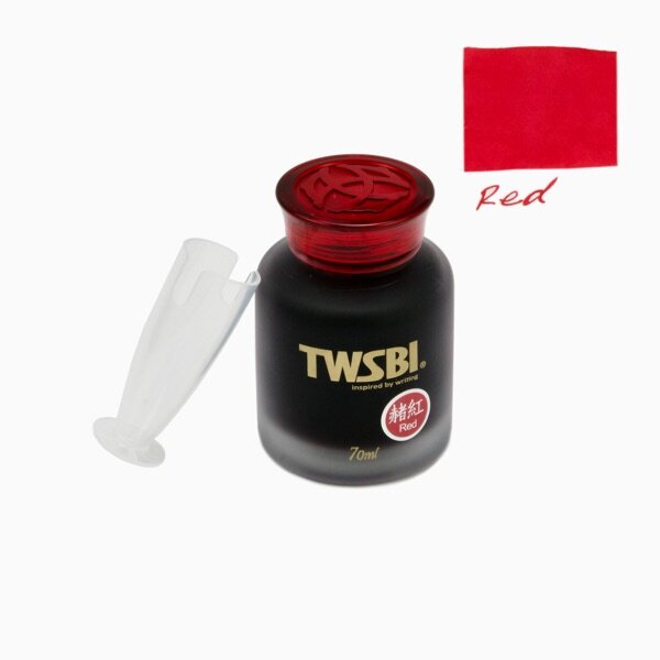 TWSBI red ink bottle with a black body, red cap, and a clear plastic funnel, shown next to a red color swatch labeled 'Red' on a white background.