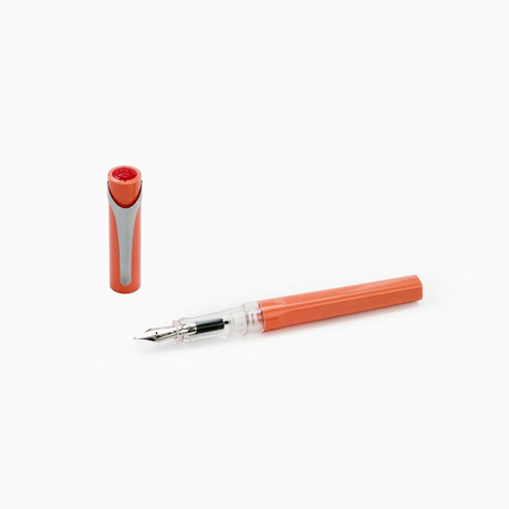 Orange TWSBI Swipe pen with a transparent section on a white background