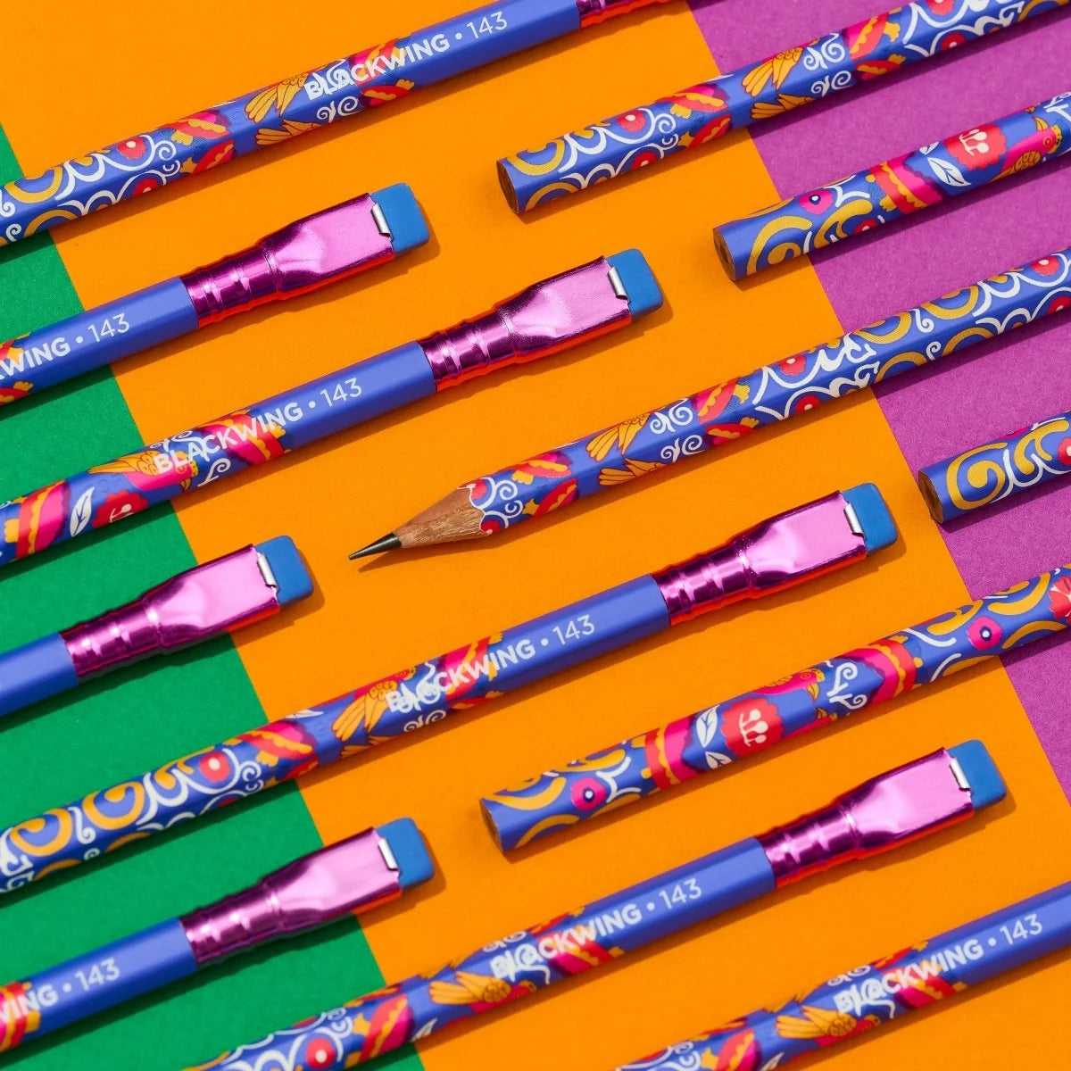 Blackwing Frida Kahlo Pencils Showing Sharpened Pencils alternating with erasers