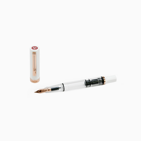 TWSBI White and Rose Gold Fountain pen unposted on a white background