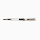TWSBI White and Rose Gold Fountain pen posted on a white background 