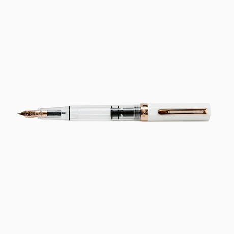 TWSBI White and Rose Gold Fountain pen posted on a white background 