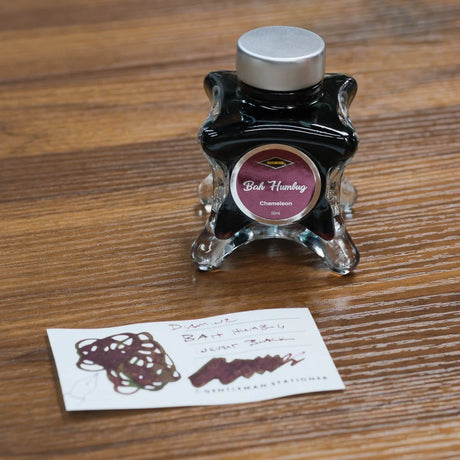 Diamine Inkvent Purple Edition Bottle Bah Humbug Bottle and Swatch