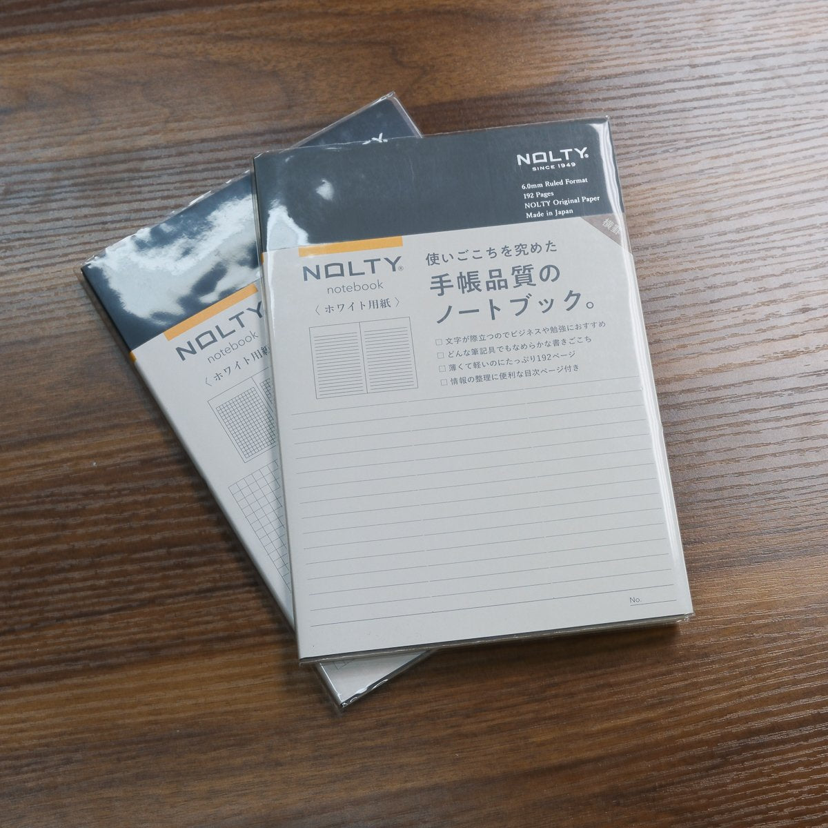 Two stacked NOLTY A5 Notebooks with black covers and 192 white pages, one lined and one grid.