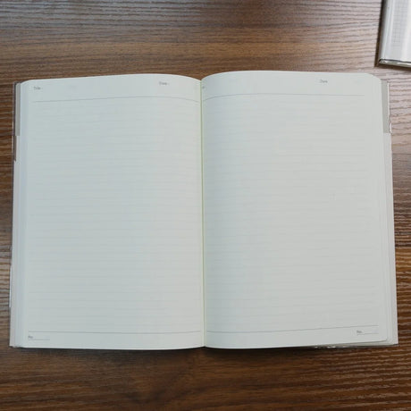 Open NOLTY A5 Notebook with white lined pages and headers for title and date.