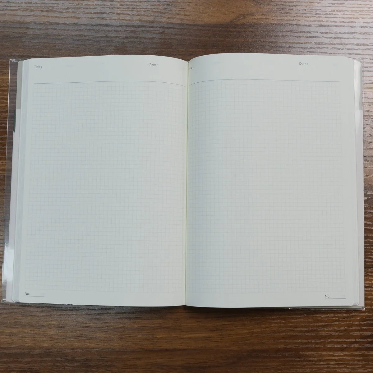 Open NOLTY A5 Notebook with white grid pages and headers for title and date.