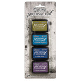 Ranger Ink Mini Stamp Pad 4-pack featuring Tim Holz Distress Inks Peeled Paint, Faded jeans, Mermaid Lagoon, and Dusty Concord Colors shown in packaging